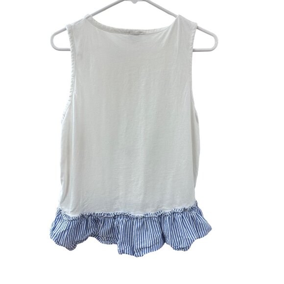 🌸3/$15🌸JCrew White Tank Top with Blue & White Striped Ruffled Hem sz M - Picture 4 of 4